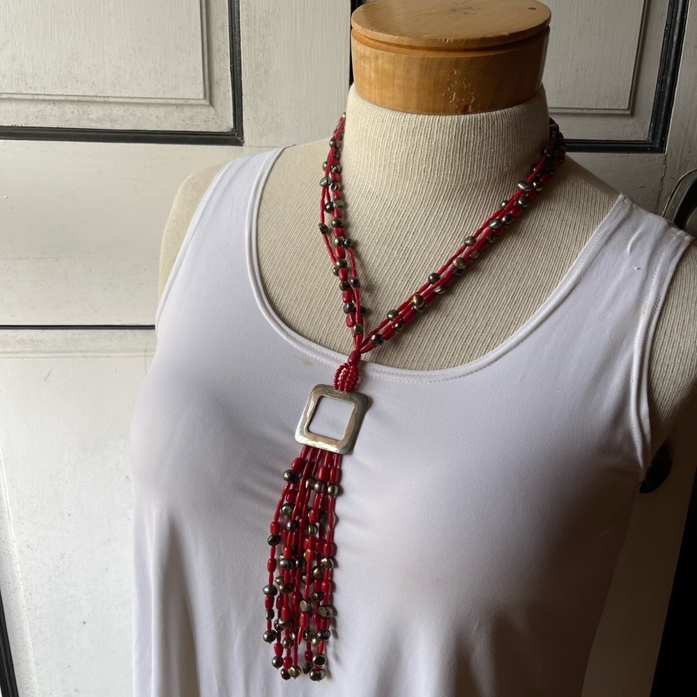 DTR Jay King Sterling Silver Red Coral Freshwater Pearl Multi strand necklace.
